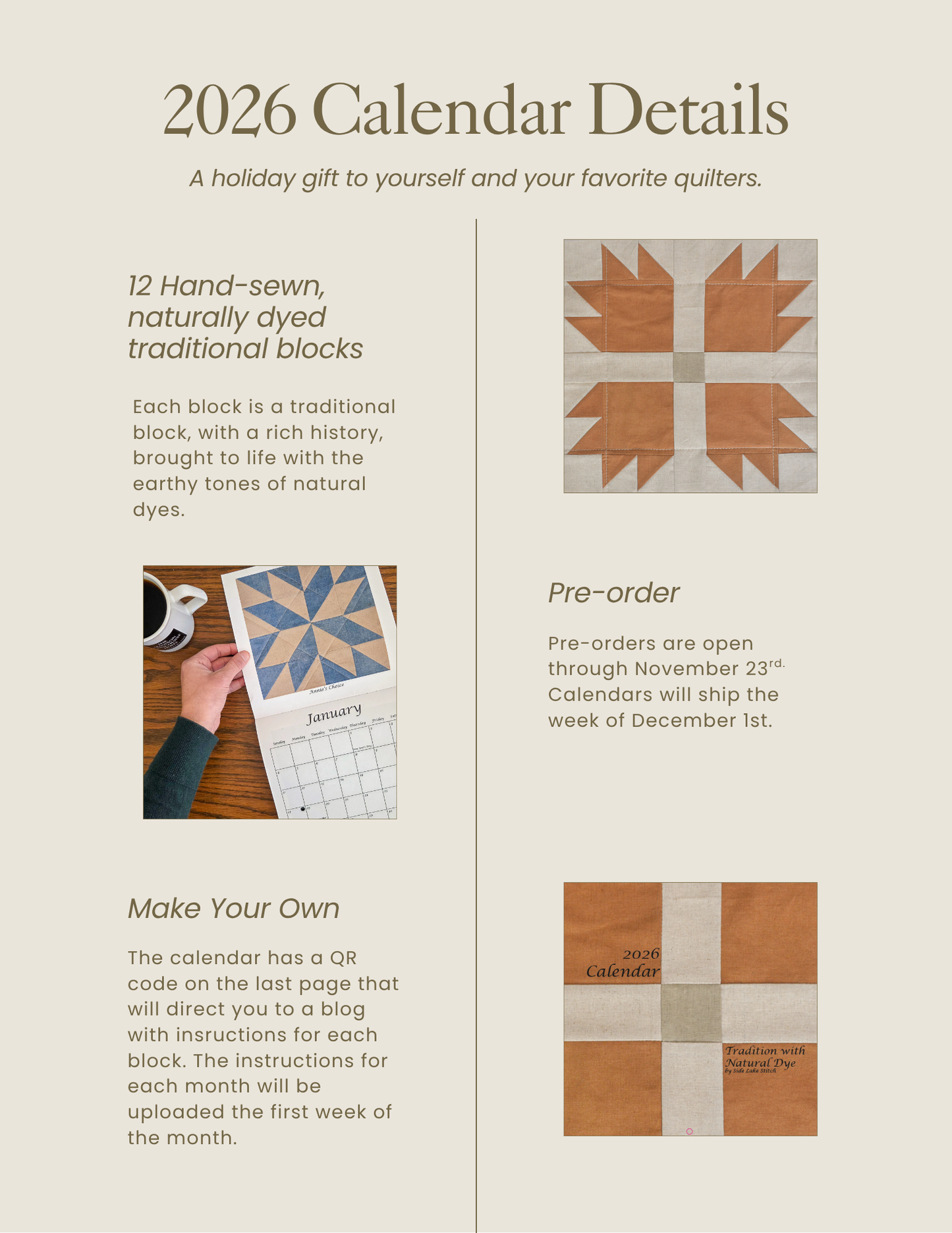 2026 Traditional Quilt Block Wall Calendar - Pre-order